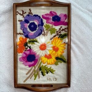 RARE Unique 1975 Needlepoint Floral Wood Glass Top Serving Tray